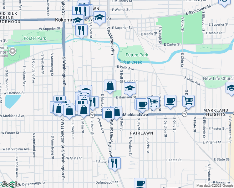 map of restaurants, bars, coffee shops, grocery stores, and more near 500 East Harrison Street in Kokomo
