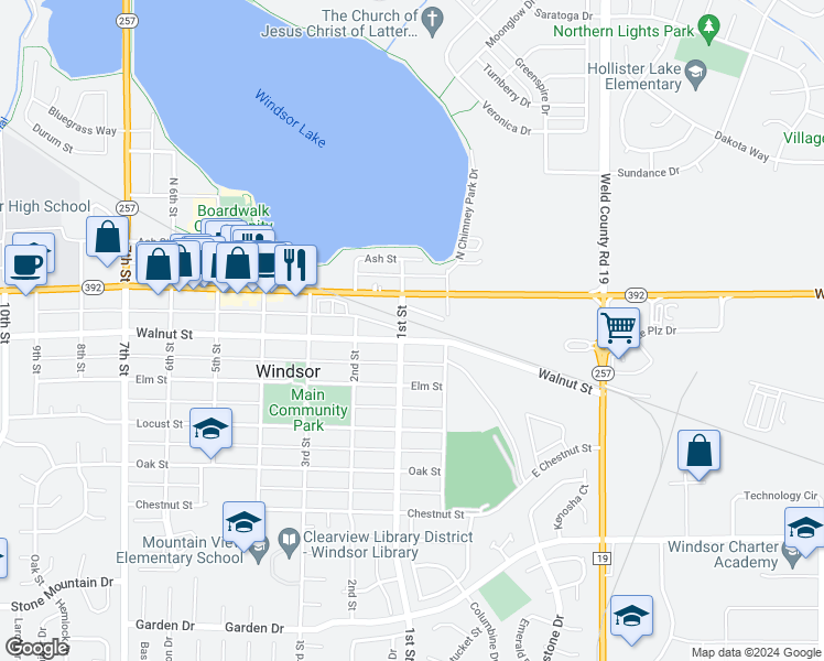 map of restaurants, bars, coffee shops, grocery stores, and more near 235 1st Street in Windsor