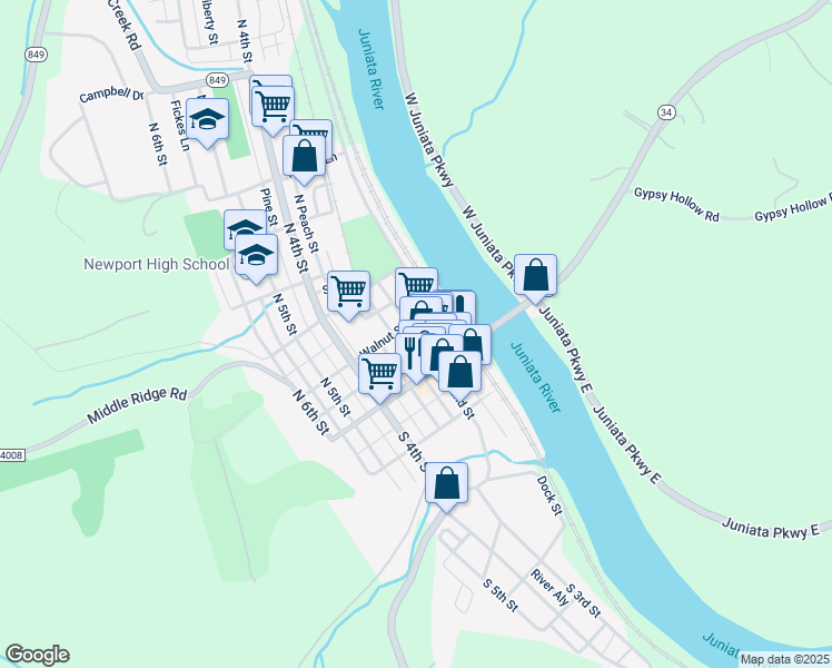 map of restaurants, bars, coffee shops, grocery stores, and more near 64 North 2nd Street in Newport