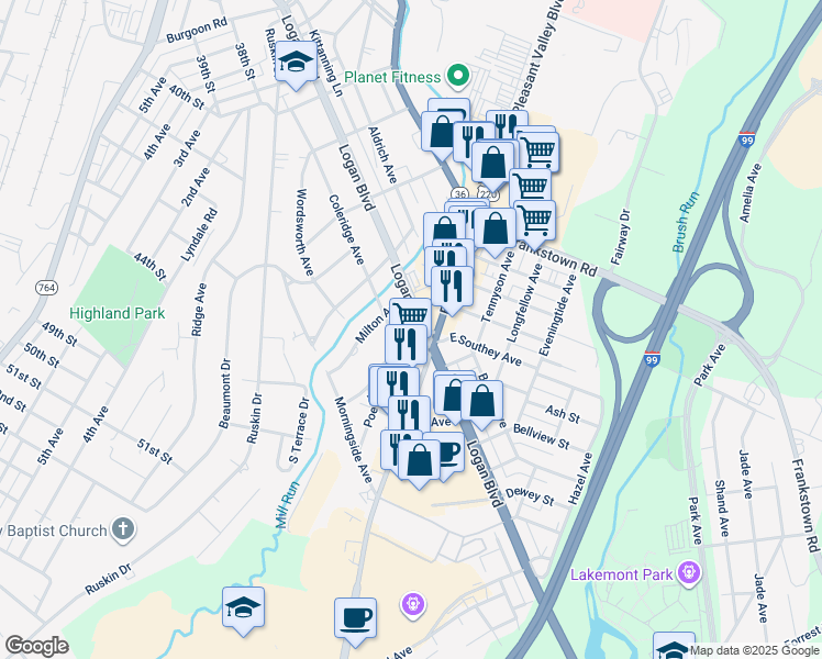 map of restaurants, bars, coffee shops, grocery stores, and more near 503 Coleridge Avenue in Altoona