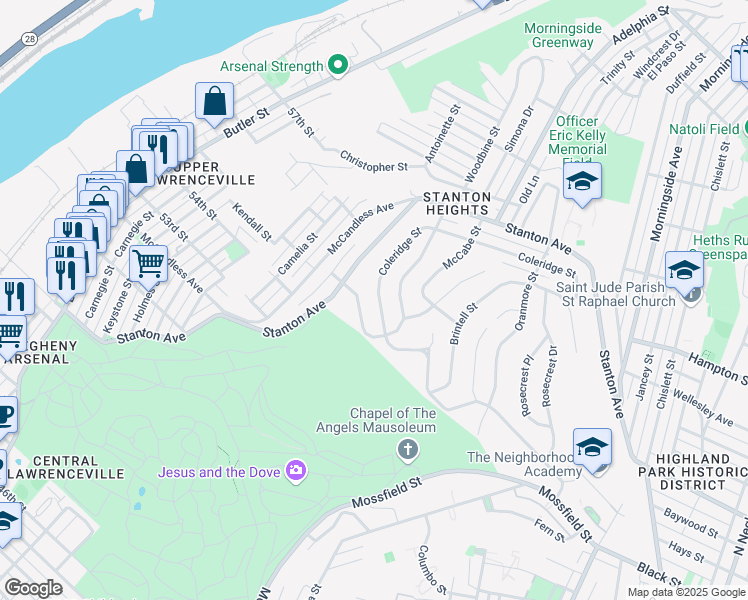 map of restaurants, bars, coffee shops, grocery stores, and more near 4351 Coleridge Street in Pittsburgh