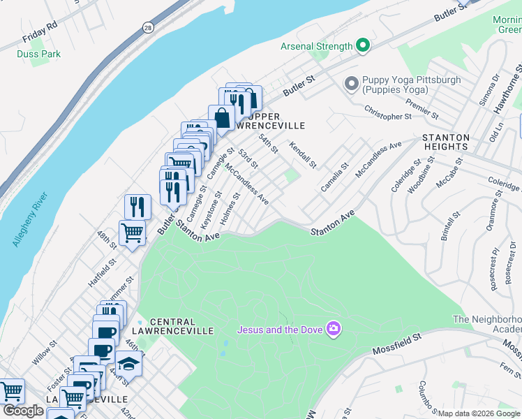 map of restaurants, bars, coffee shops, grocery stores, and more near 810 McCandless Avenue in Pittsburgh