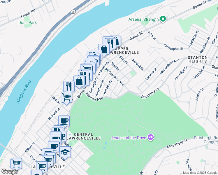map of restaurants, bars, coffee shops, grocery stores, and more near 5217 Lotus Way in Pittsburgh