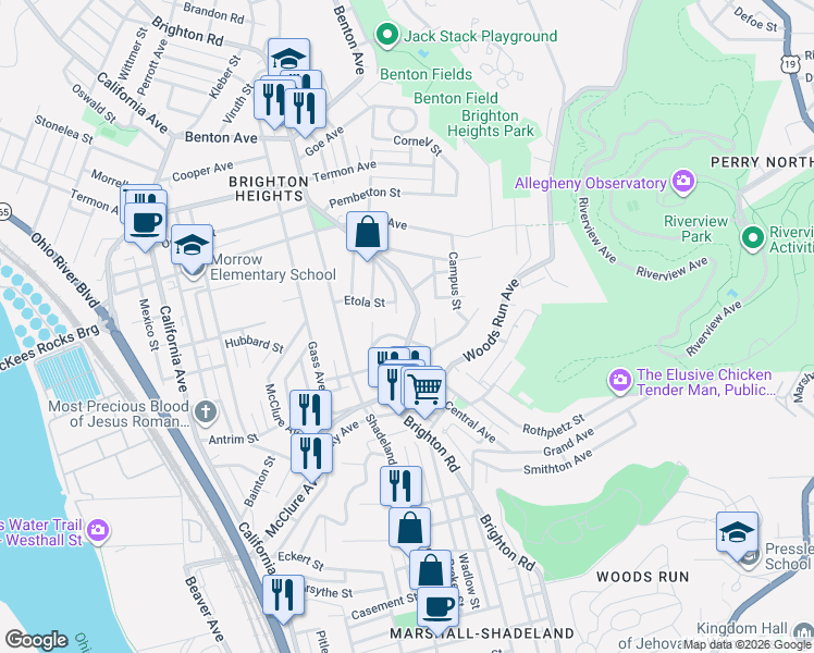 map of restaurants, bars, coffee shops, grocery stores, and more near 3441 Brighton Road in Pittsburgh