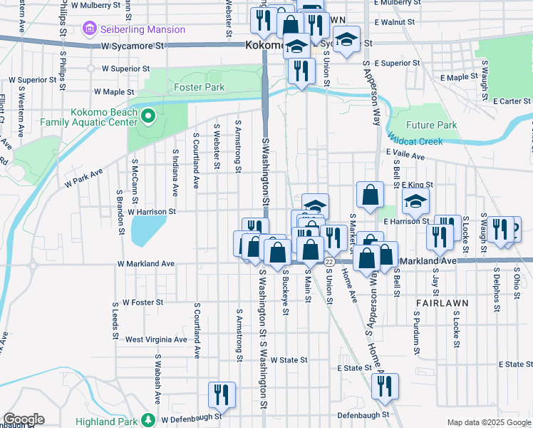 map of restaurants, bars, coffee shops, grocery stores, and more near 248-298 West Harrison Street in Kokomo