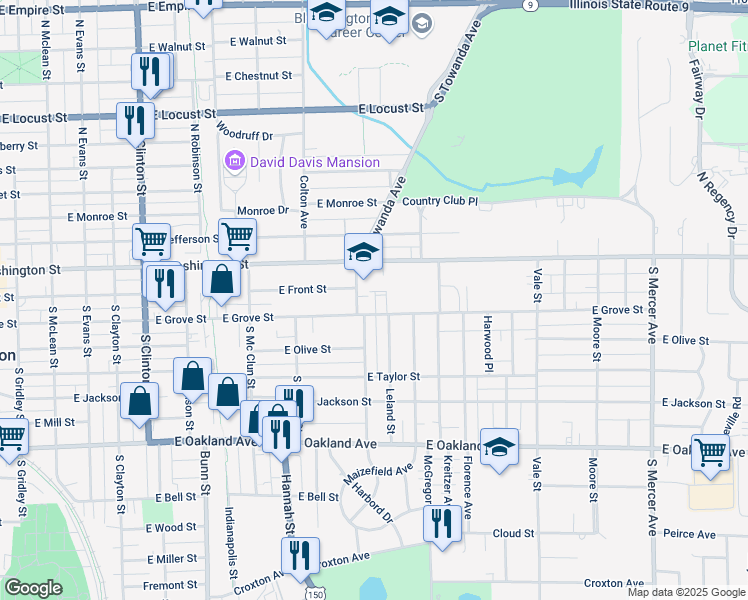 map of restaurants, bars, coffee shops, grocery stores, and more near 1210 East Grove Street in Bloomington