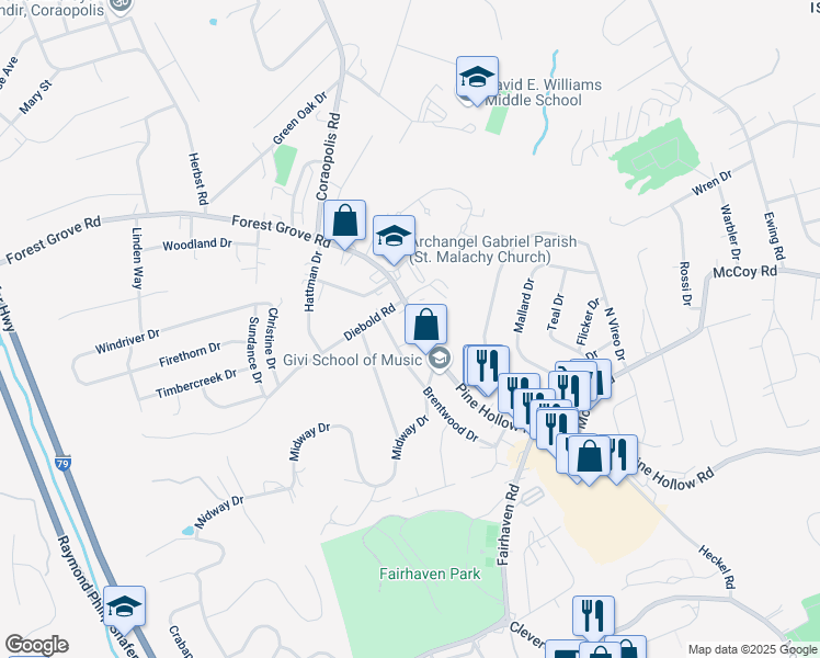 map of restaurants, bars, coffee shops, grocery stores, and more near in Kennedy Township