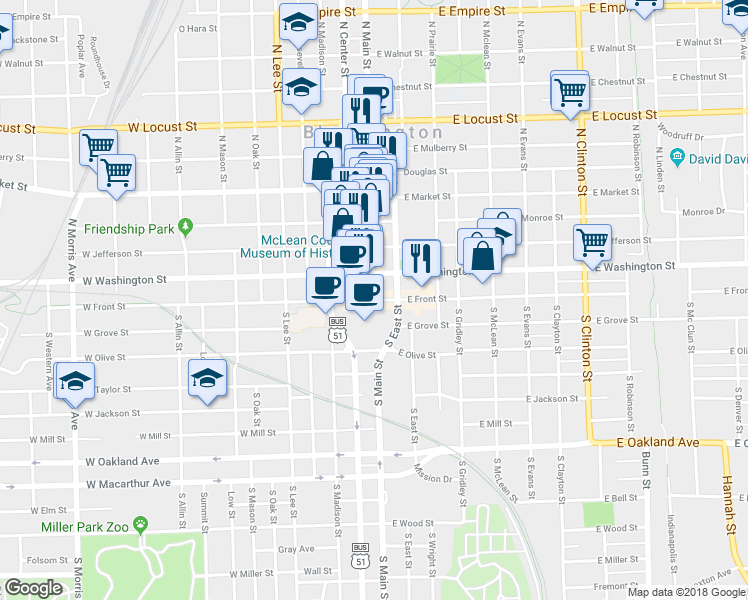 map of restaurants, bars, coffee shops, grocery stores, and more near N Main St & E Front St in Bloomington