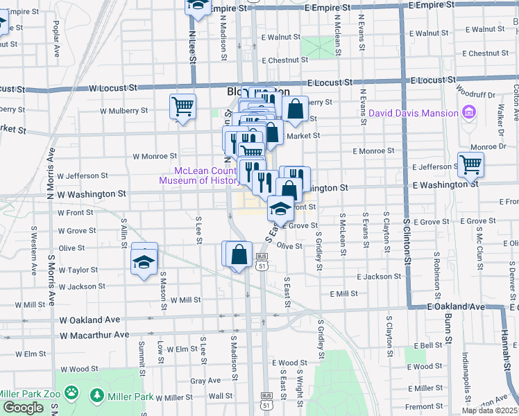 map of restaurants, bars, coffee shops, grocery stores, and more near N Main St & E Front St in Bloomington