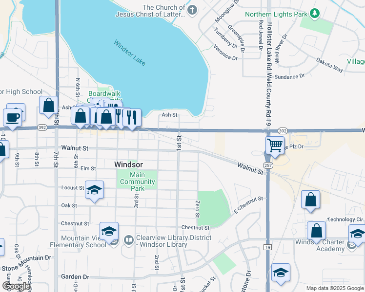 map of restaurants, bars, coffee shops, grocery stores, and more near 251 1st Street in Windsor