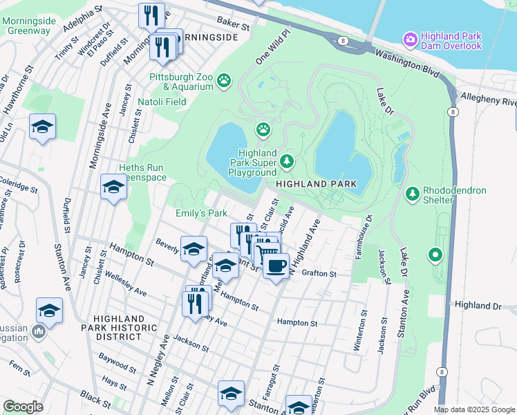map of restaurants, bars, coffee shops, grocery stores, and more near 1432 Mellon Street in Pittsburgh