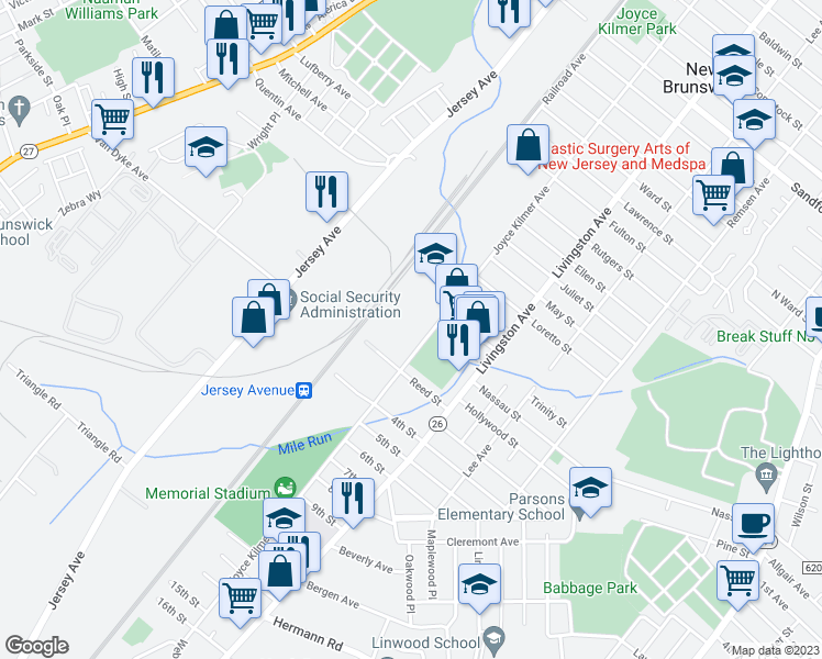 map of restaurants, bars, coffee shops, grocery stores, and more near 631 Joyce Kilmer Avenue in New Brunswick