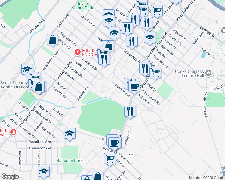 map of restaurants, bars, coffee shops, grocery stores, and more near 1031 Dogwood Court in New Brunswick