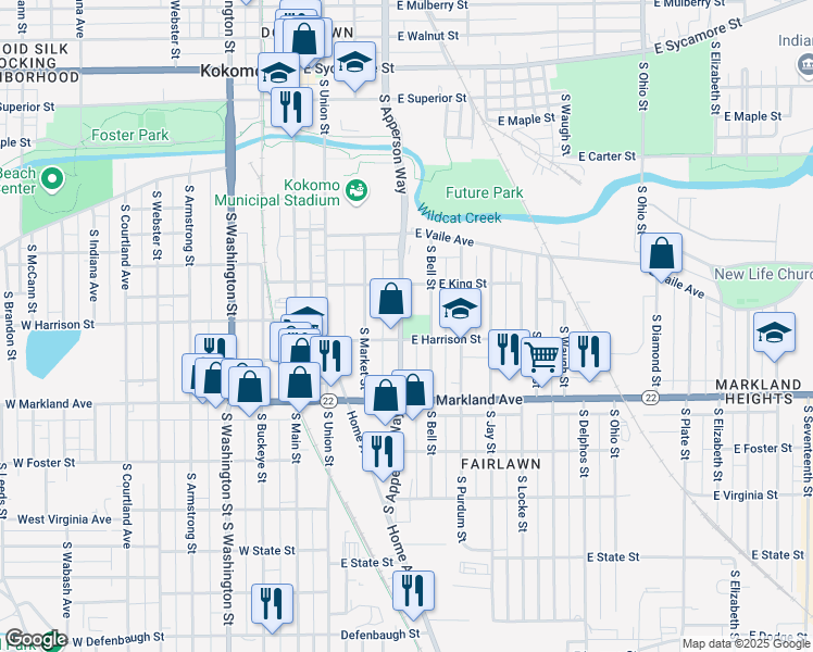 map of restaurants, bars, coffee shops, grocery stores, and more near 500 East Harrison Street in Kokomo