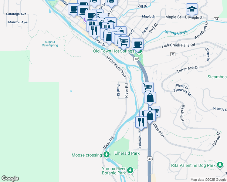 map of restaurants, bars, coffee shops, grocery stores, and more near 351 Pearl Street in Steamboat Springs
