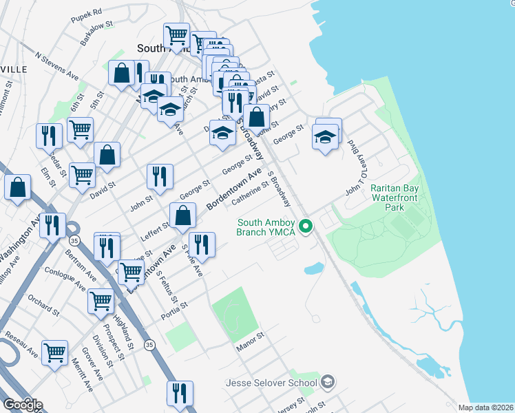 map of restaurants, bars, coffee shops, grocery stores, and more near 232 Gordon Street in South Amboy