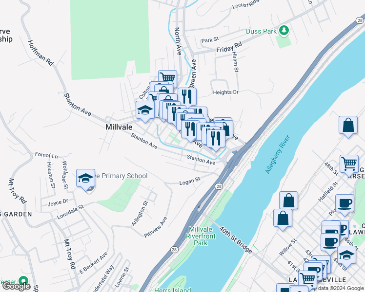 map of restaurants, bars, coffee shops, grocery stores, and more near 9 East Sherman Street in Pittsburgh