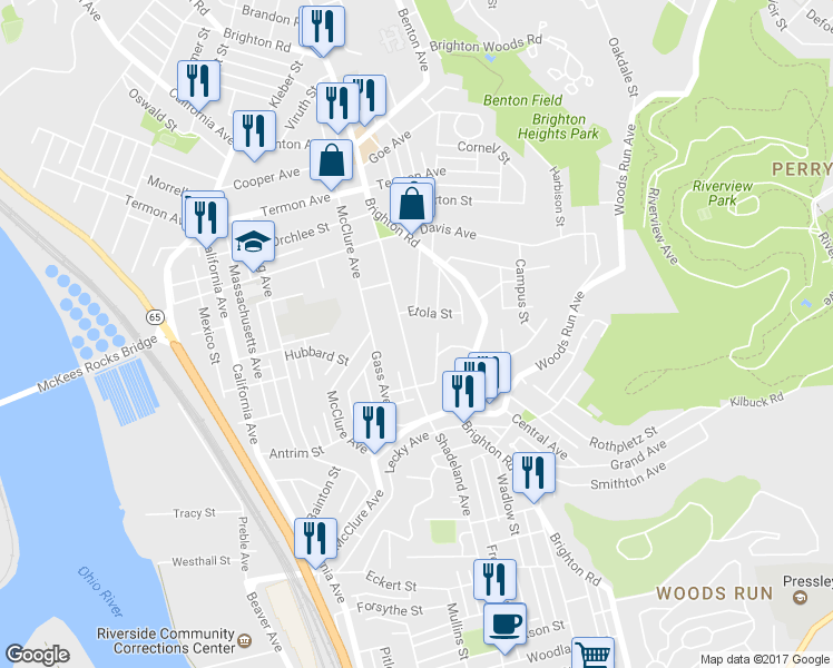 map of restaurants, bars, coffee shops, grocery stores, and more near 3466 Shadeland Avenue in Pittsburgh