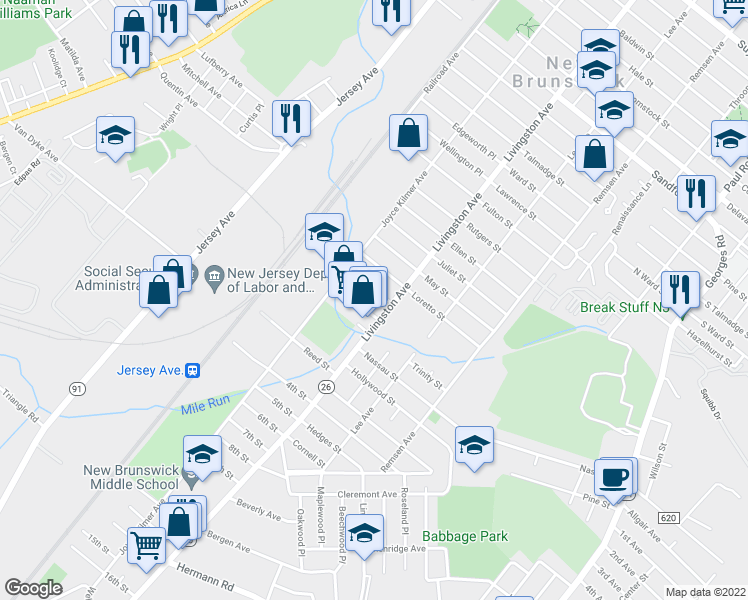 map of restaurants, bars, coffee shops, grocery stores, and more near 54 Charles Street in New Brunswick