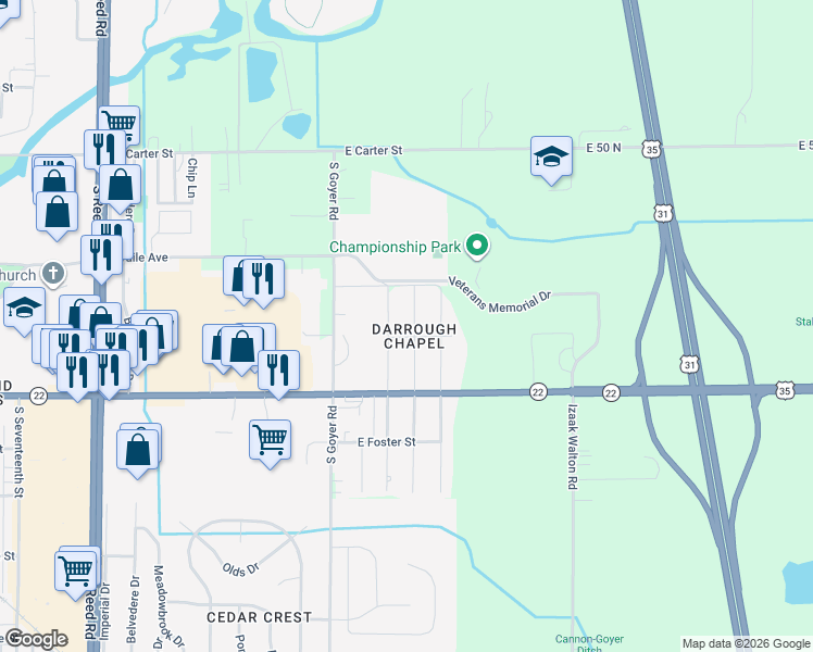 map of restaurants, bars, coffee shops, grocery stores, and more near 825 Clark Street in Kokomo