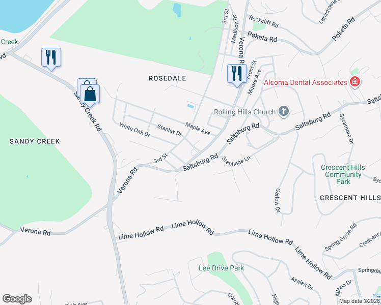 map of restaurants, bars, coffee shops, grocery stores, and more near 1616 Randolph Lane in Verona