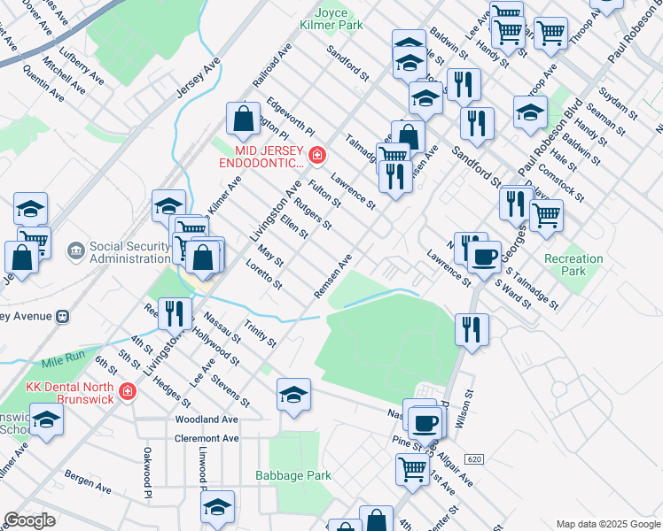map of restaurants, bars, coffee shops, grocery stores, and more near 361 Remsen Avenue in New Brunswick