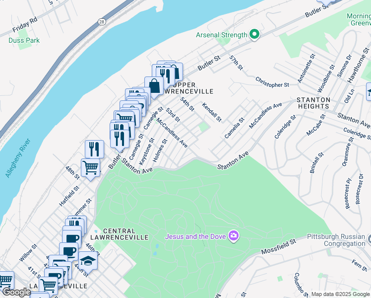 map of restaurants, bars, coffee shops, grocery stores, and more near 810 McCandless Avenue in Pittsburgh