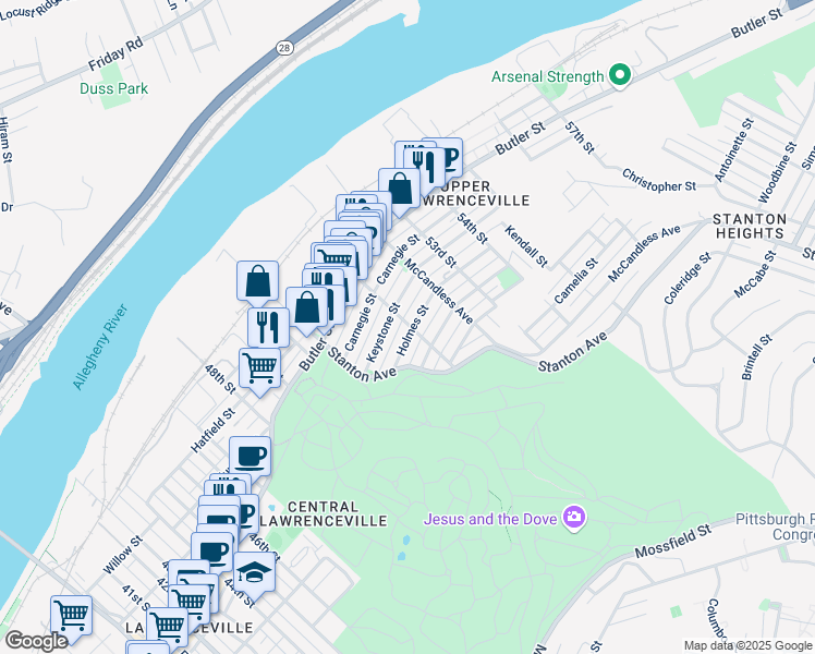 map of restaurants, bars, coffee shops, grocery stores, and more near in Pittsburgh