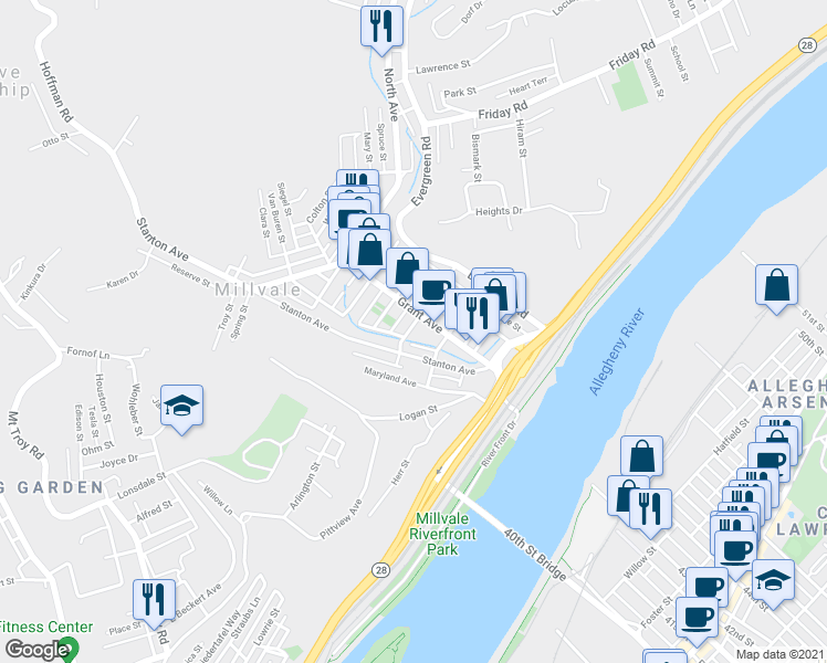 map of restaurants, bars, coffee shops, grocery stores, and more near 19 East Sherman Street in Pittsburgh
