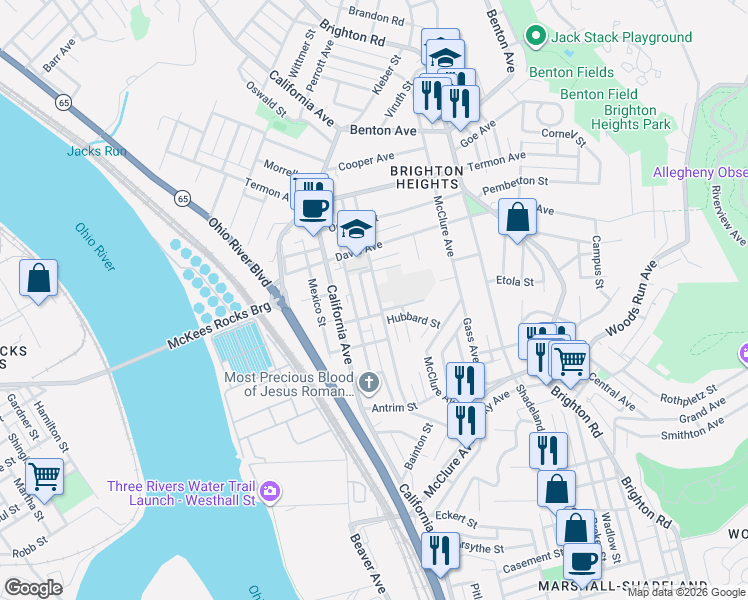 map of restaurants, bars, coffee shops, grocery stores, and more near 3502 Fleming Avenue in Pittsburgh