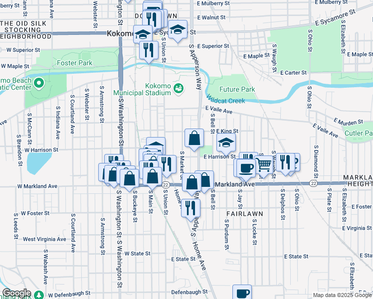 map of restaurants, bars, coffee shops, grocery stores, and more near 731 South Market Street in Kokomo