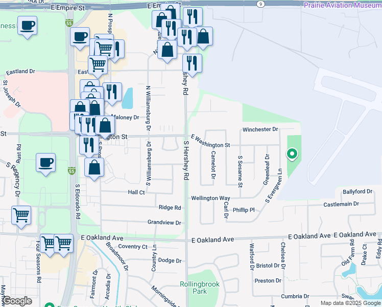 map of restaurants, bars, coffee shops, grocery stores, and more near 108 South Hershey Road in Bloomington