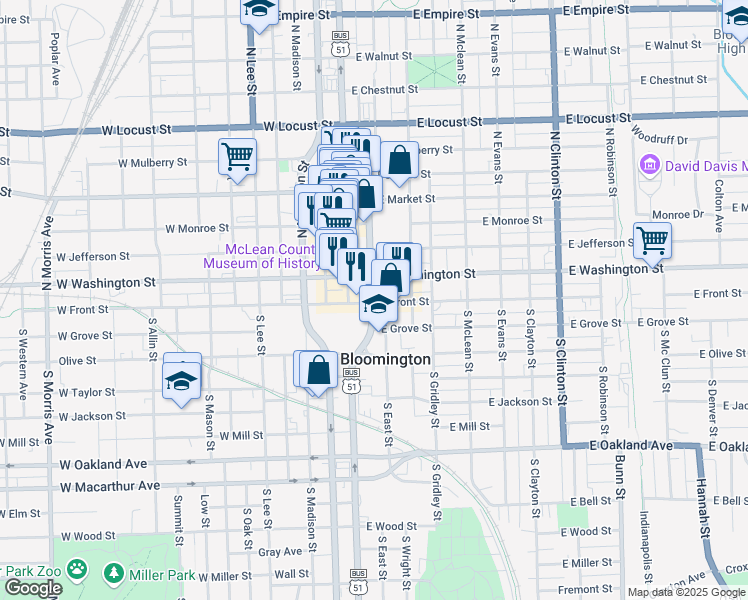 map of restaurants, bars, coffee shops, grocery stores, and more near 201 East Washington Street in Bloomington