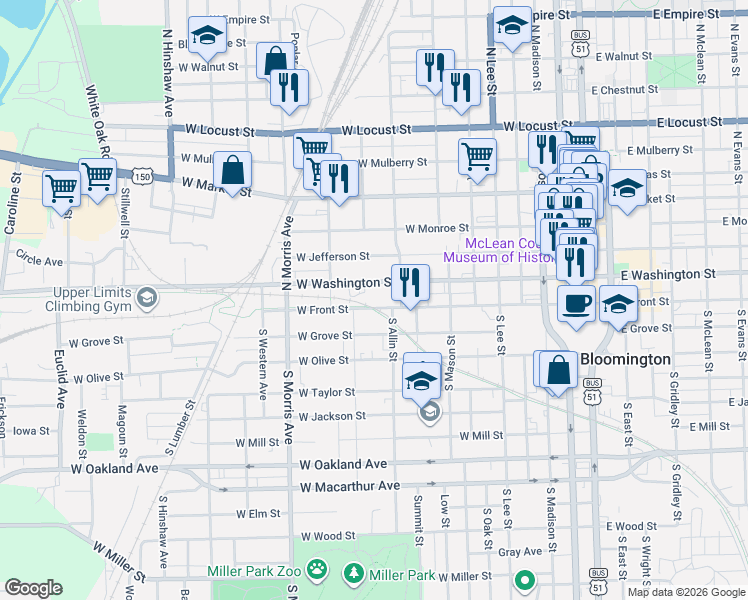 map of restaurants, bars, coffee shops, grocery stores, and more near 812 West Washington Street in Bloomington