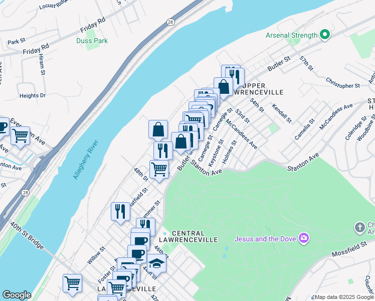map of restaurants, bars, coffee shops, grocery stores, and more near 5101 Berlin Way in Pittsburgh