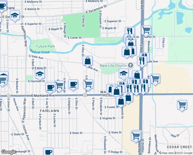 map of restaurants, bars, coffee shops, grocery stores, and more near 732 South Plate Street in Kokomo