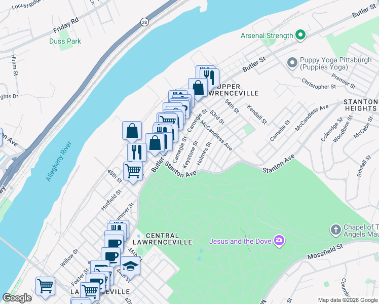 map of restaurants, bars, coffee shops, grocery stores, and more near in Pittsburgh