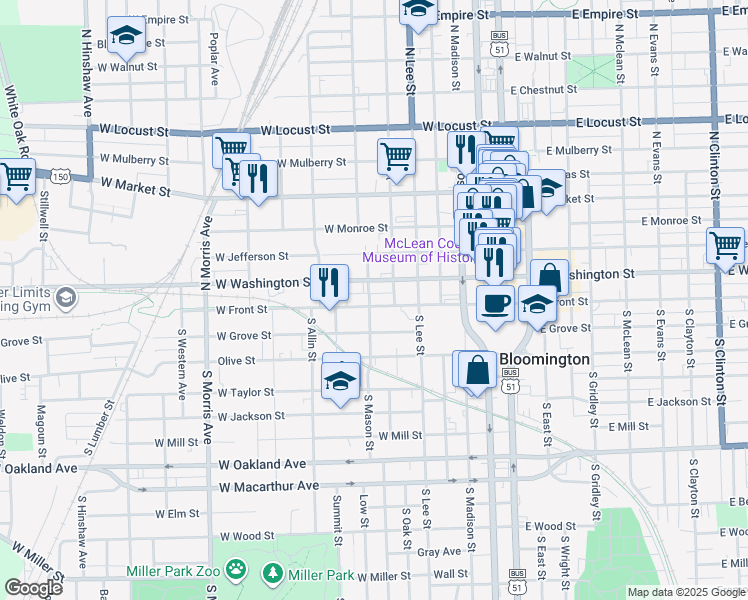 map of restaurants, bars, coffee shops, grocery stores, and more near 609 West Front Street in Bloomington