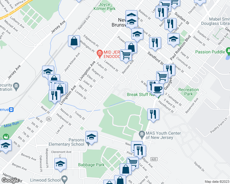 map of restaurants, bars, coffee shops, grocery stores, and more near 210 Alder Court in New Brunswick