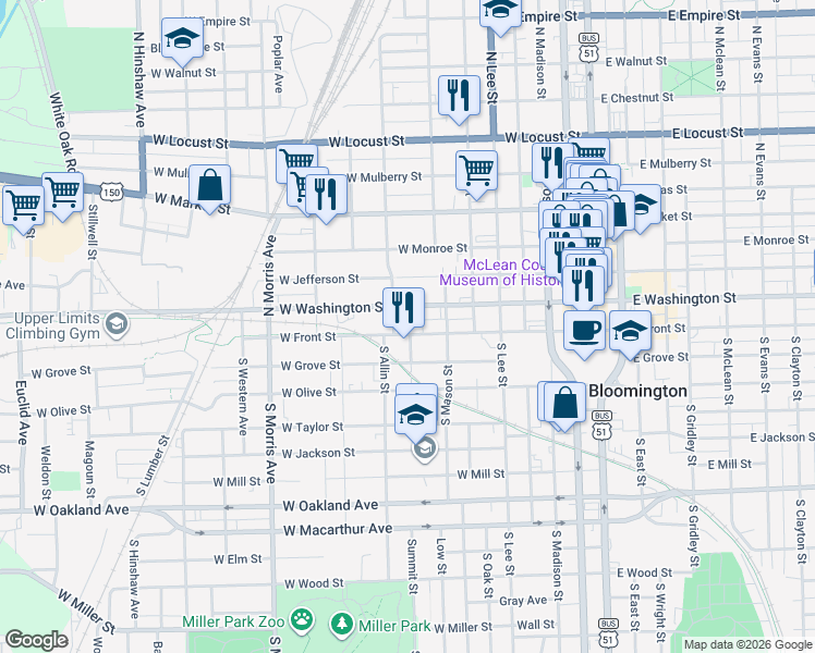 map of restaurants, bars, coffee shops, grocery stores, and more near 717 West Front Street in Bloomington