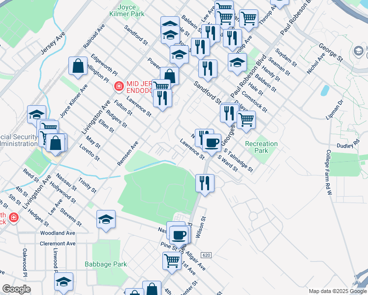 map of restaurants, bars, coffee shops, grocery stores, and more near 1227 Dogwood Court in New Brunswick