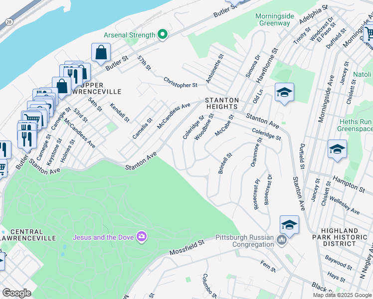 map of restaurants, bars, coffee shops, grocery stores, and more near 4351 Coleridge Street in Pittsburgh