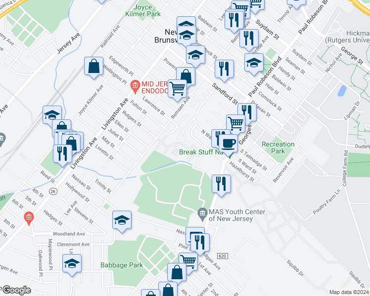 map of restaurants, bars, coffee shops, grocery stores, and more near 818 Cedar Court in New Brunswick