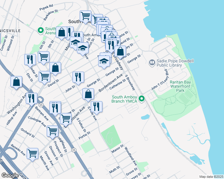 map of restaurants, bars, coffee shops, grocery stores, and more near 255 Catherine Street in South Amboy