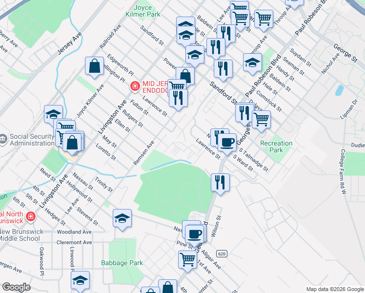 map of restaurants, bars, coffee shops, grocery stores, and more near 835 Cedar Court in New Brunswick