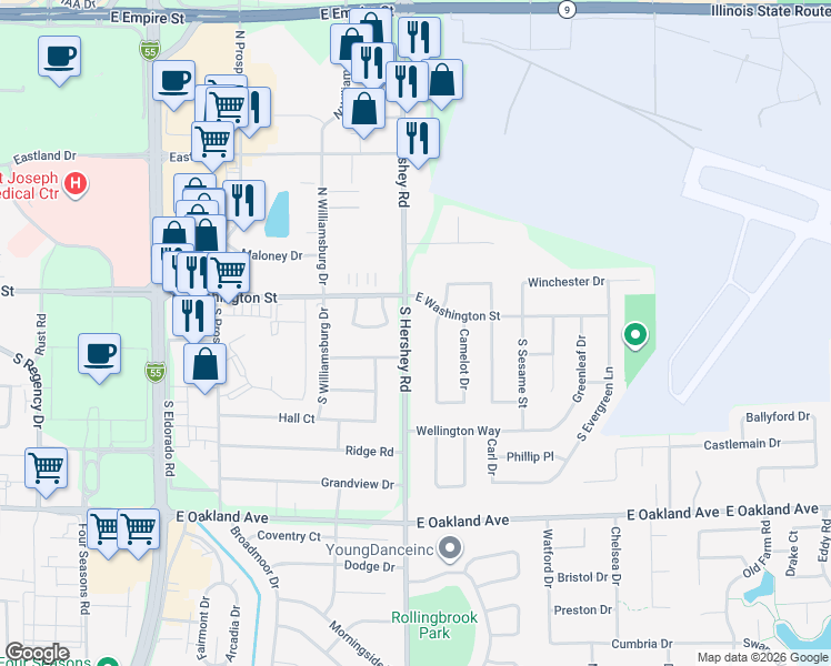 map of restaurants, bars, coffee shops, grocery stores, and more near 108 South Hershey Road in Bloomington