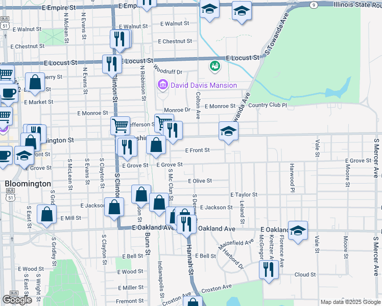 map of restaurants, bars, coffee shops, grocery stores, and more near 1015 1/2 East Front Street in Bloomington