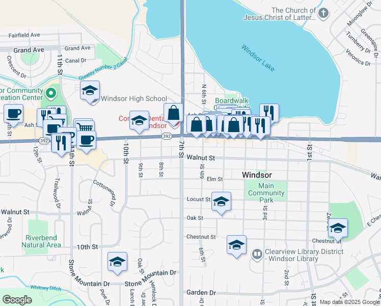 map of restaurants, bars, coffee shops, grocery stores, and more near 616 Walnut Street in Windsor