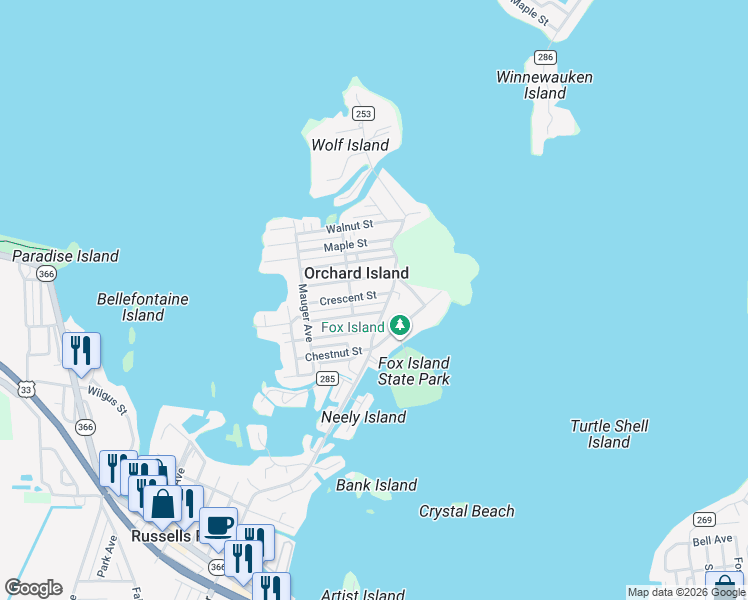 map of restaurants, bars, coffee shops, grocery stores, and more near 8875 Crescent Street in Lakeview