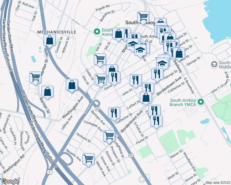 map of restaurants, bars, coffee shops, grocery stores, and more near 116 South Feltus Street in South Amboy